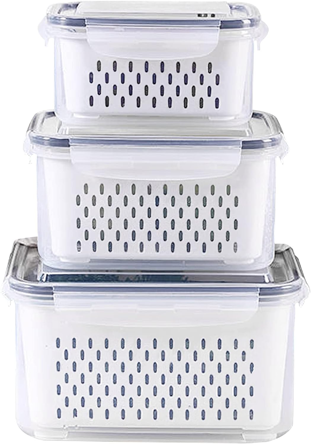 3Pack Fridge Food Storage Container Set with Lids with Strainer,Plastic Fresh Produce Saver Vegetable Fruit Meat Storage Organization, BPA-Free Plastic Produce Keepers(3.15L+1.7L+0.8L)