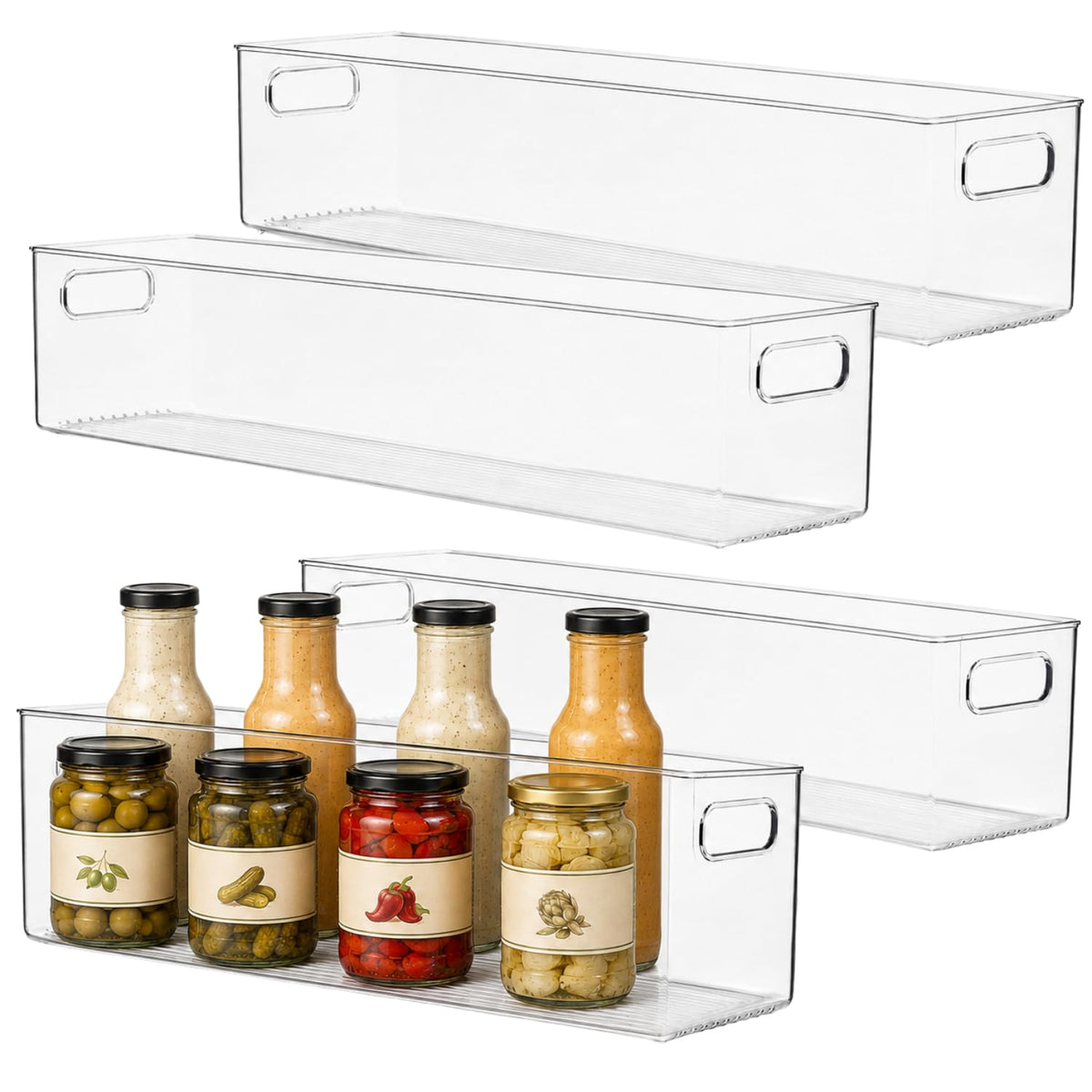 Plastic Food Storage 2 Pack Clear Container Bin with Handles for Organizing Kitchen, Pantry, Fridge, Freezer, Pantry, Bathroom. 14"x6"5"