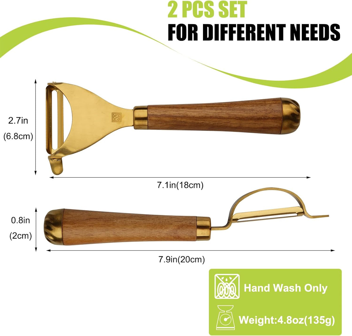 Potato Peelers,Premium 304 Stainless Steel Vegetable Peeler Set, Rosewood Handle For Kitchen, I and Y-shaped Peelers for Fruit Veggie Potatoes Carrot Cucumber,Ultra Sharp Rotary Blade(2-Piece)