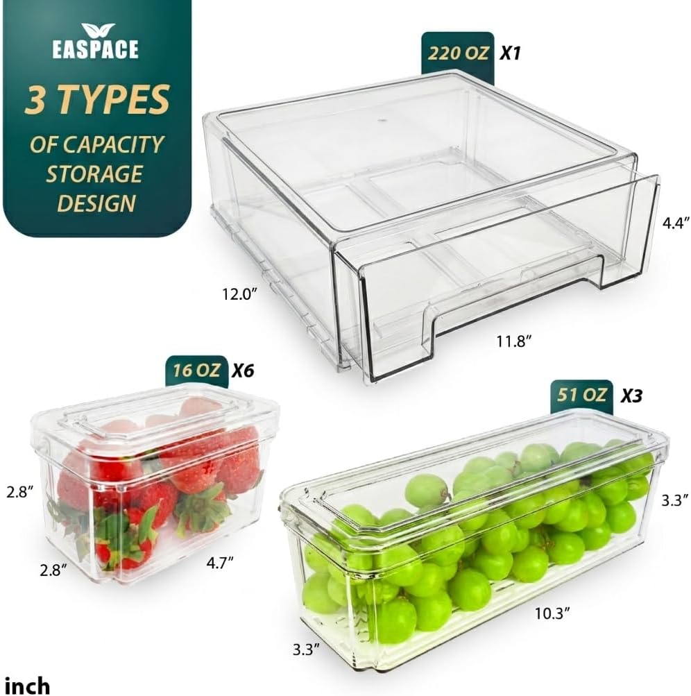 Fridge Organizer Bins with Drawer, 10-Pack Clear Stackable Container Set, BPA-Free Plastic Refrigerator Storage Containers for Food, Fruits, Vegetables, Meats, Salads (Multi-Purpose)