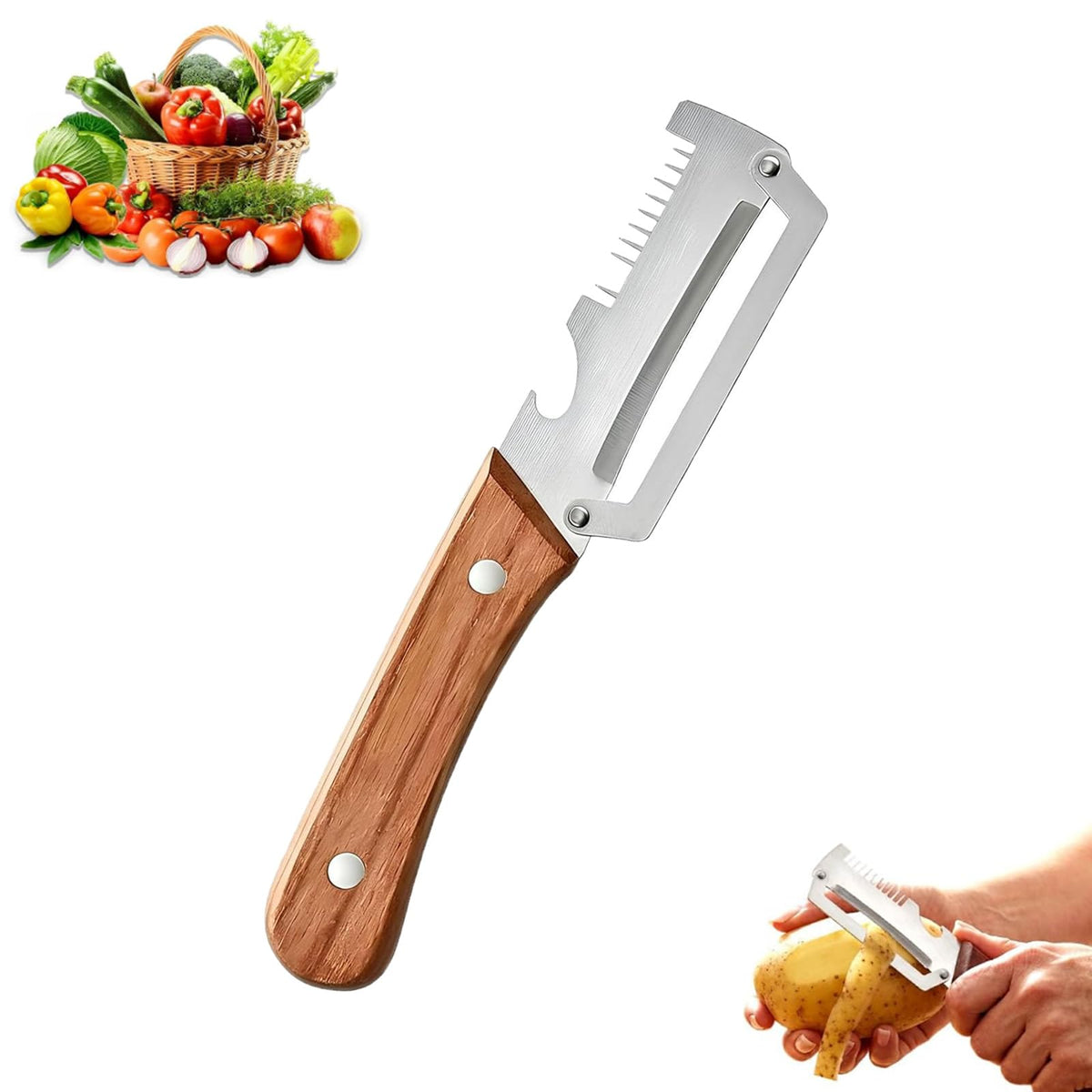 Multi-Functional Vegetable Peeler, 3 in 1 Multi Functional Wooden Handle Peeler and Bottle Opener,Kitchen Gadgets Tool,Grater & Bottle Opener for Potato, Carrot, Apple, Fruit & Vegetable (2pcs)