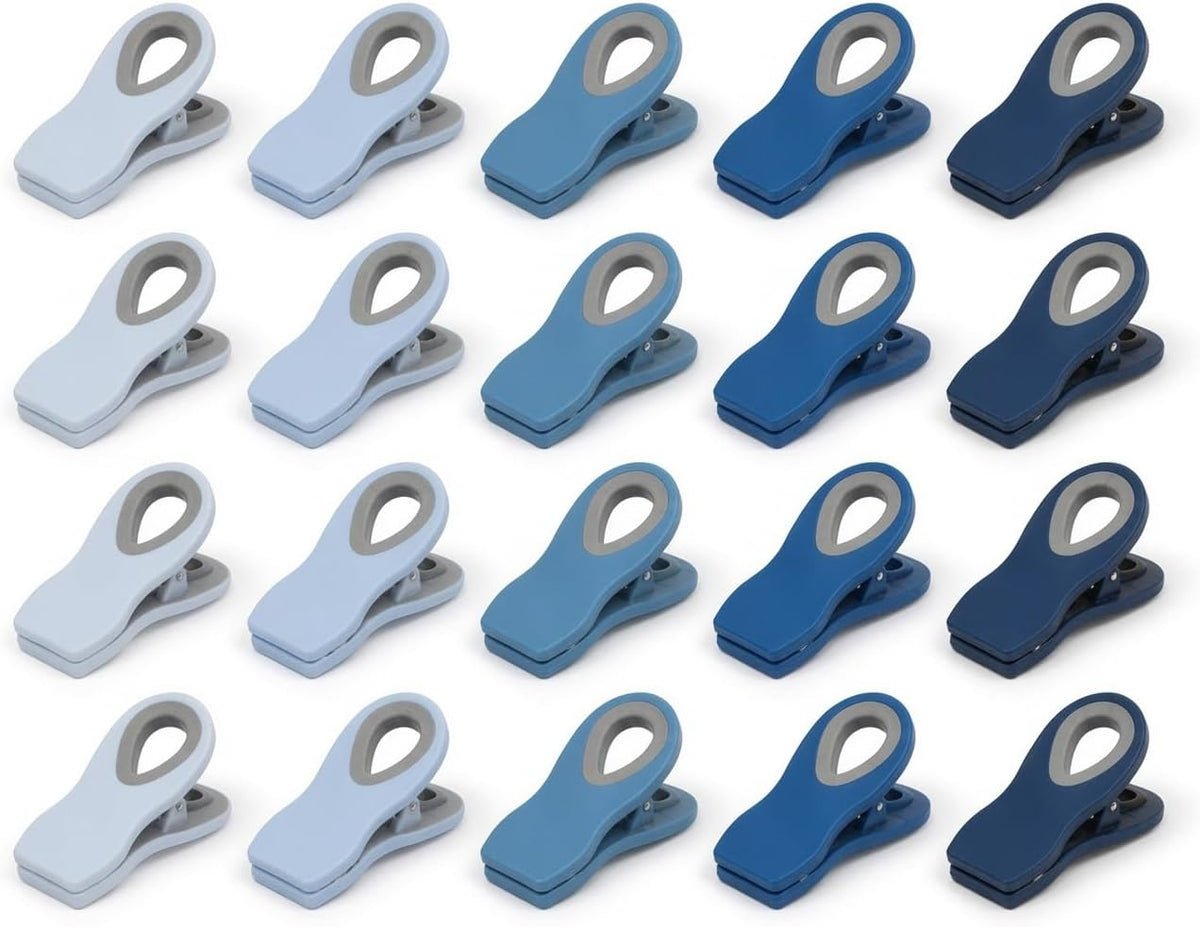 Chip Clips — Magnetic Bag Clips for Food Storage, 20 Piece Set, Airtight Seal Grip for Bread, Snack, Chip & Cereal Bags — Fridge, Pantry & Freezer Organization, Kitchen Storage - Multi Blues