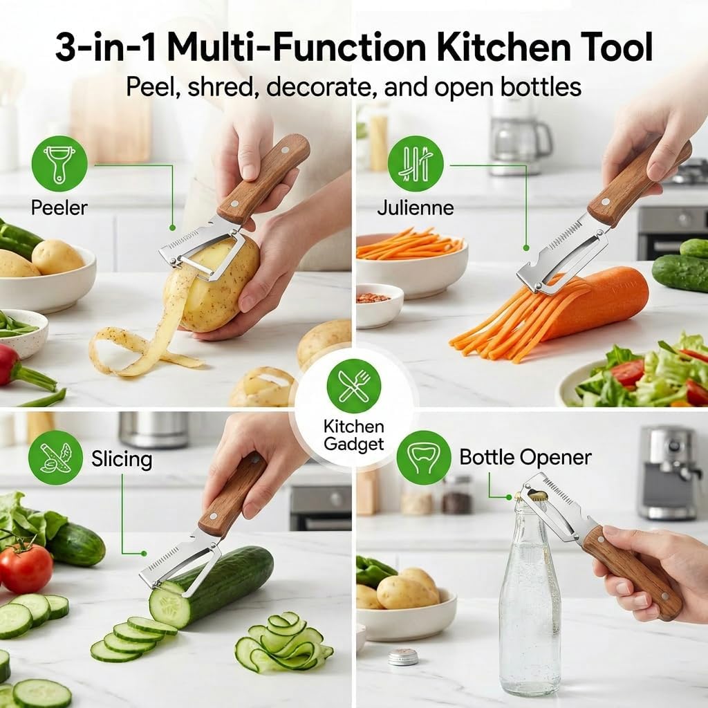 elite peeler and shredder, 2PCS Vegetable Peeler, 1.8mm Steel Blade, Wood Handle