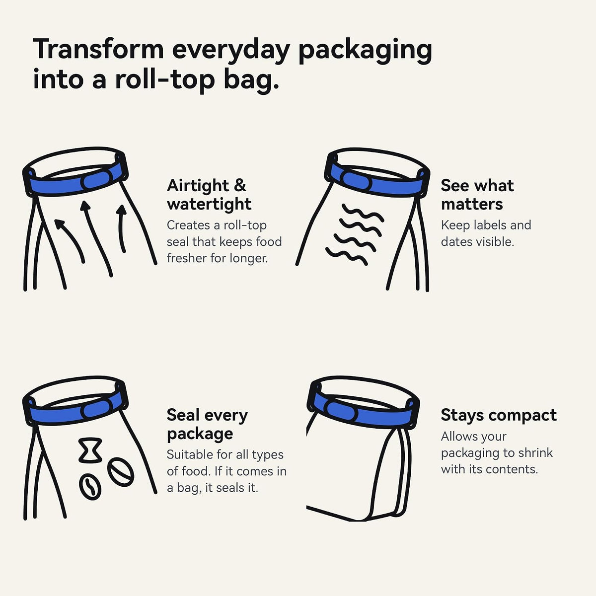 Bound Looplock Reusable Bag Sealer, Roll Top Food Storage Seal, 8 Pack, Blueberry