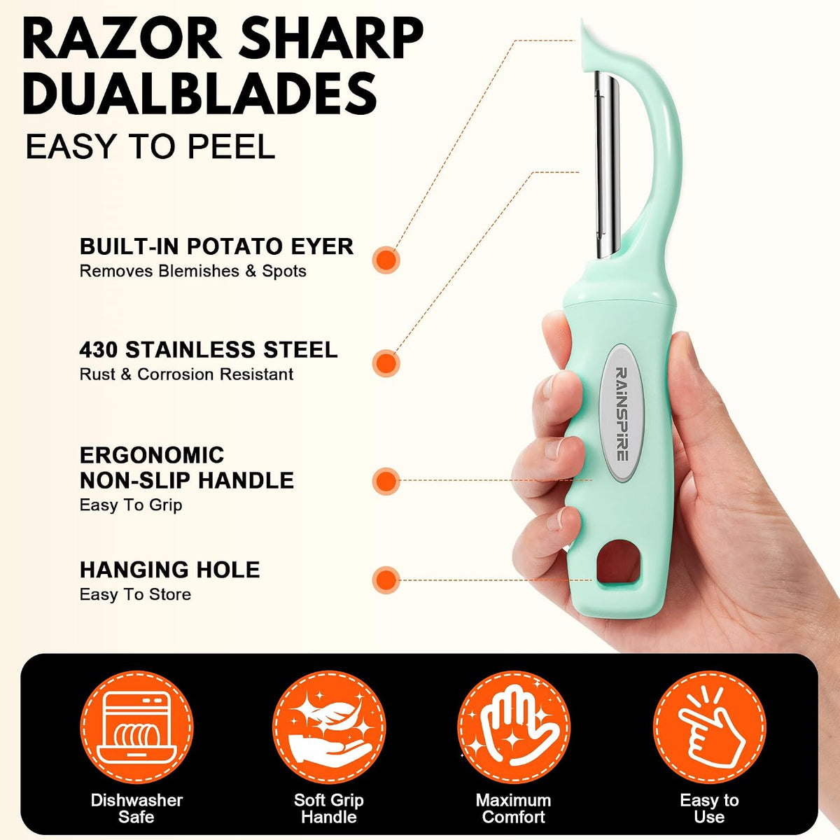 Rainspire Vegetable Peeler Potato Peelers for Kitchen, Sharp Stainless Steel Blades Veggie, Comfortable Handle Fruit Peeler, Carrot Peeler Apple Peeler Dishwasher Safe, Mint Green, 1-Pack