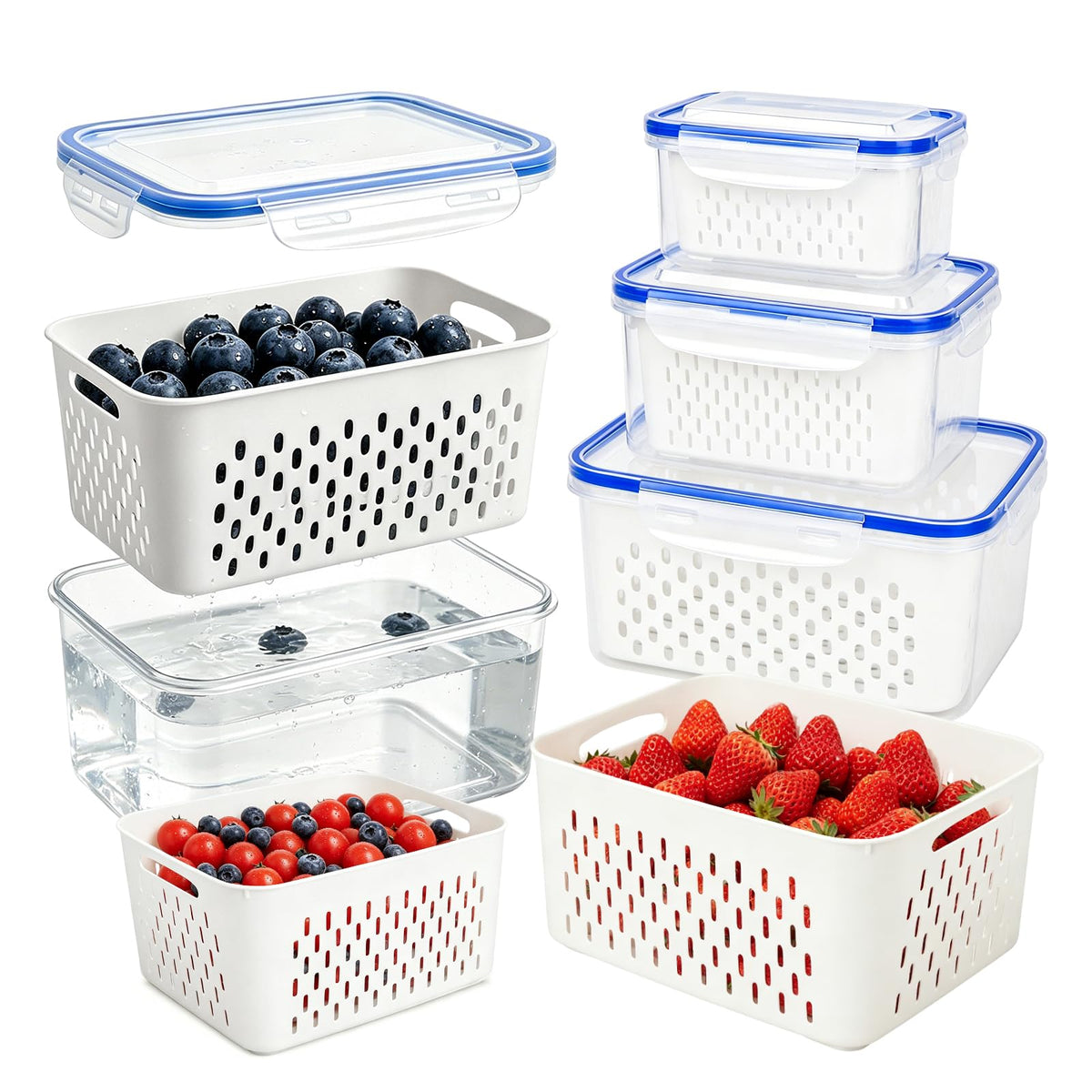3 Pack Fruit Storage Containers for Fridge with Removable Colander, Grey
