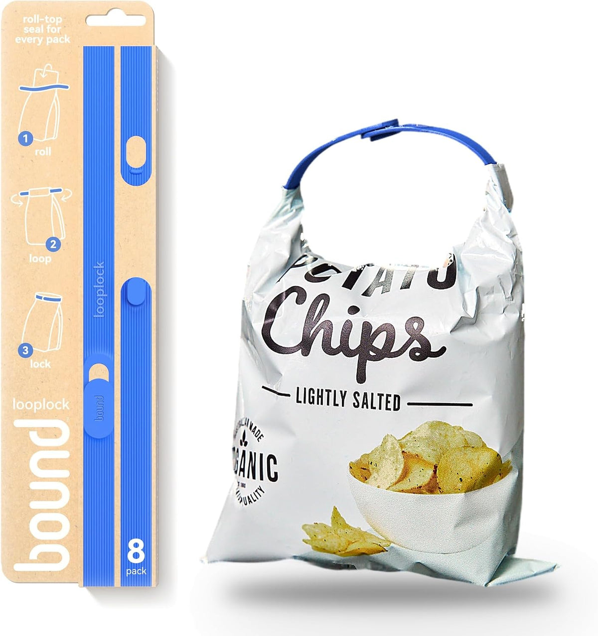 Bound Looplock Reusable Bag Sealer, Roll Top Food Storage Seal, 8 Pack, Blueberry