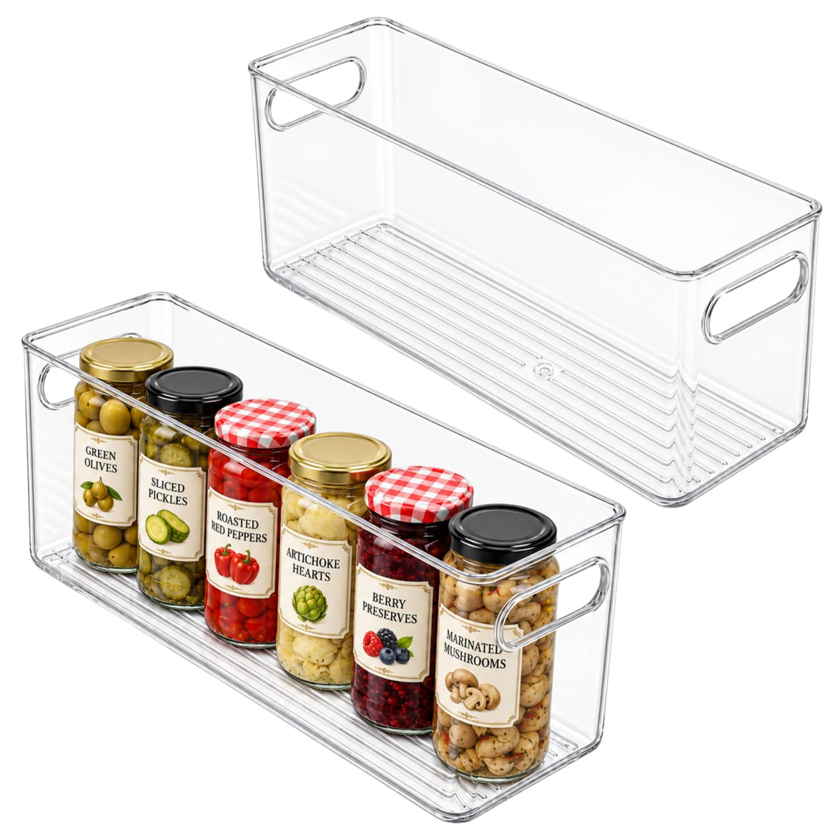 Plastic Food Storage 2 Pack Clear Container Bin with Handles for Organizing Kitchen, Pantry, Fridge, Freezer, Pantry, Bathroom. 14"x6"5"