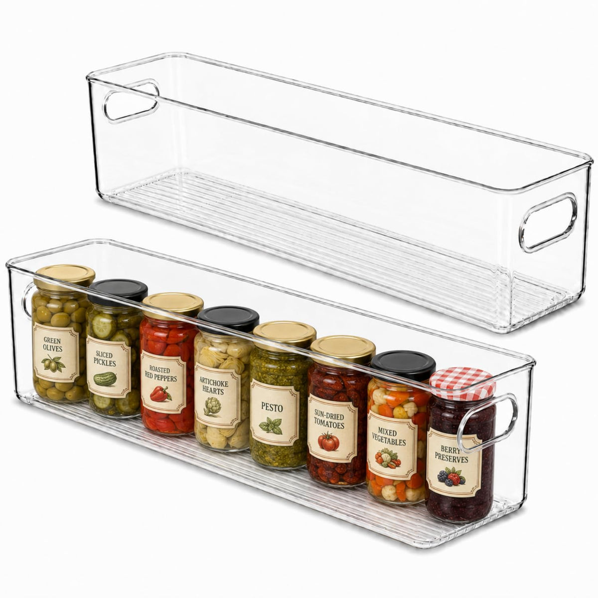 Plastic Food Storage 2 Pack Clear Container Bin with Handles for Organizing Kitchen, Pantry, Fridge, Freezer, Pantry, Bathroom. 14"x6"5"