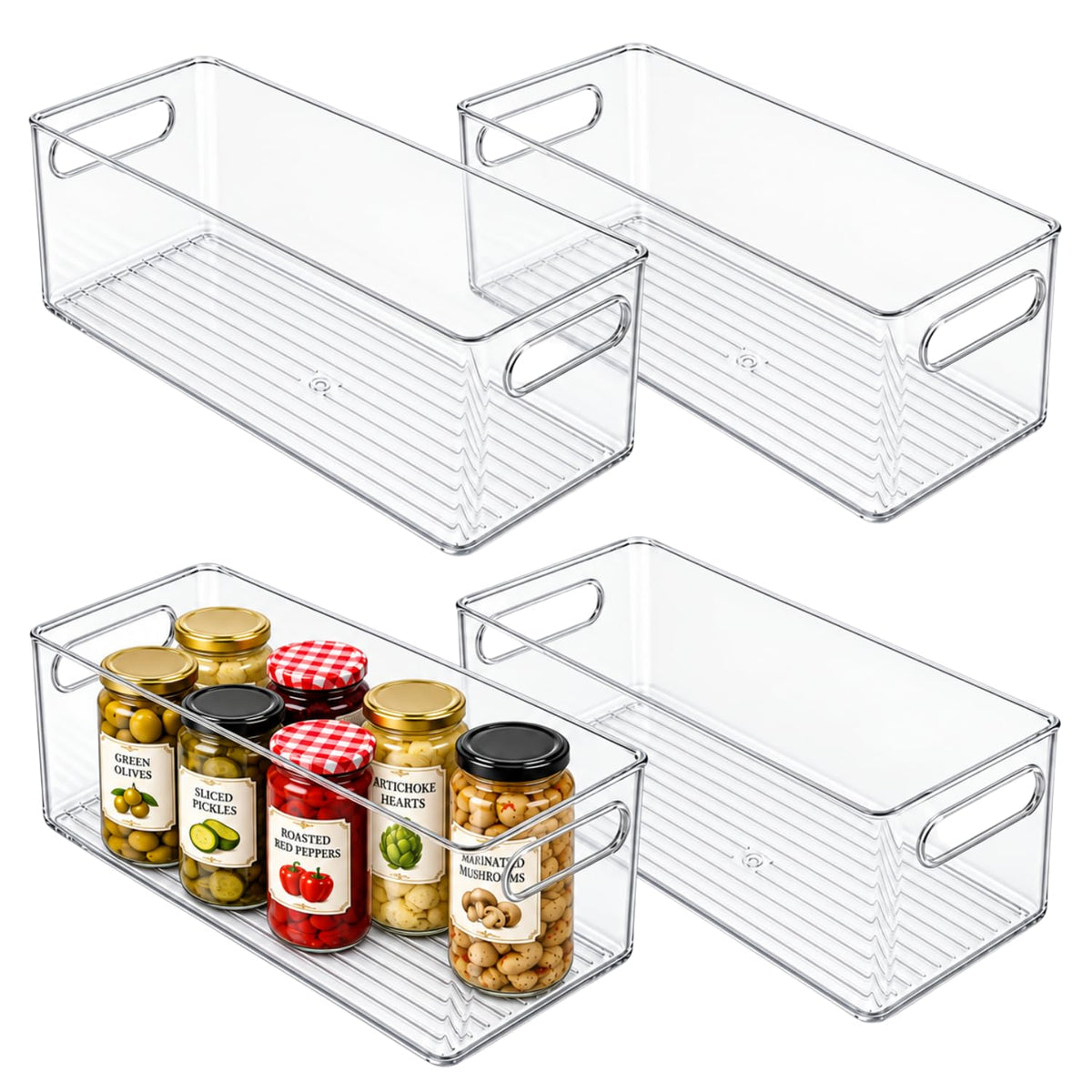 Plastic Food Storage 2 Pack Clear Container Bin with Handles for Organizing Kitchen, Pantry, Fridge, Freezer, Pantry, Bathroom. 14"x6"5"