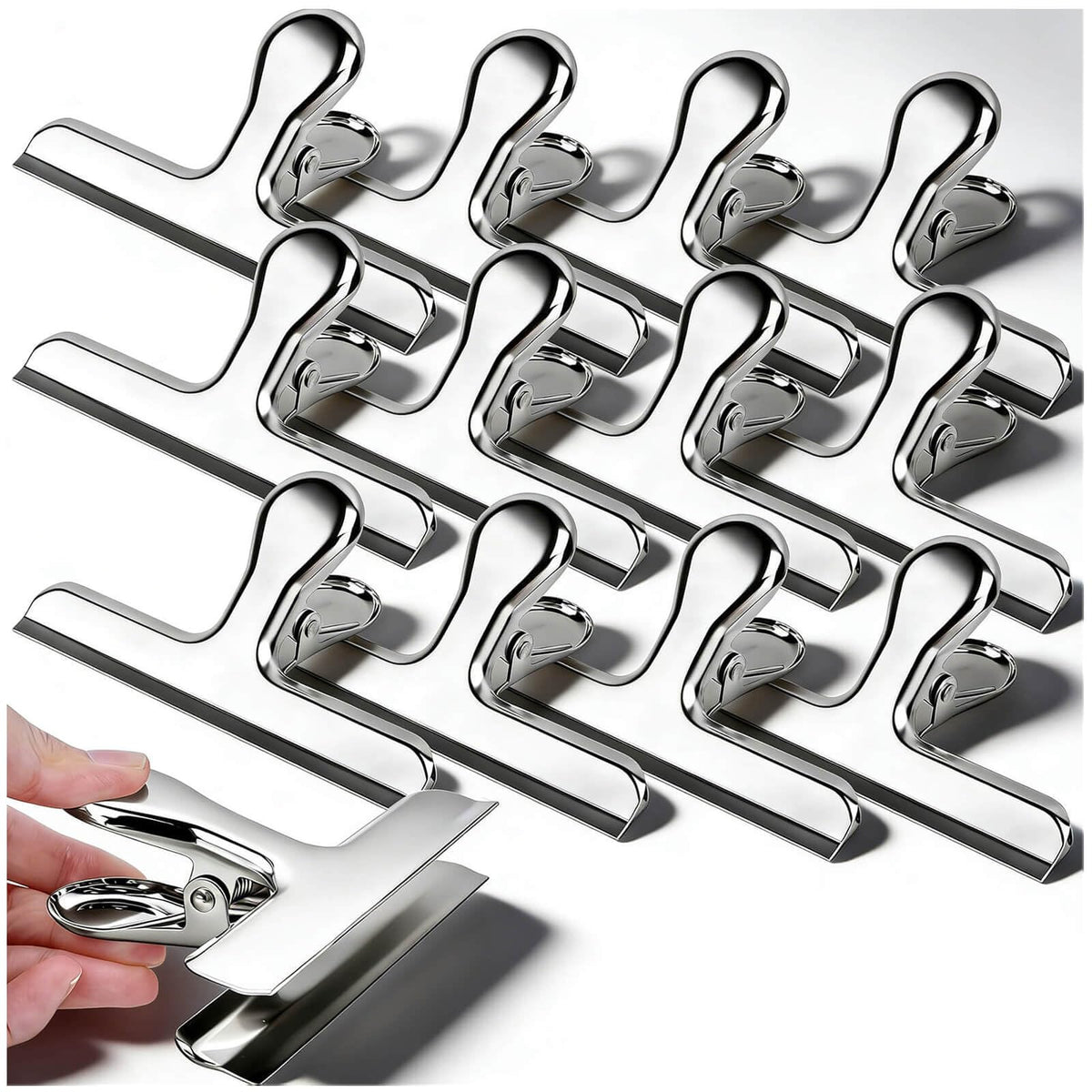 Chip Bag Clips, 12Pcs Sliver Stainless Steel Chip Clips for Food Packages, Metal Kitchen Clip for Snack Bags, Food Storage and Office Home Kitchen