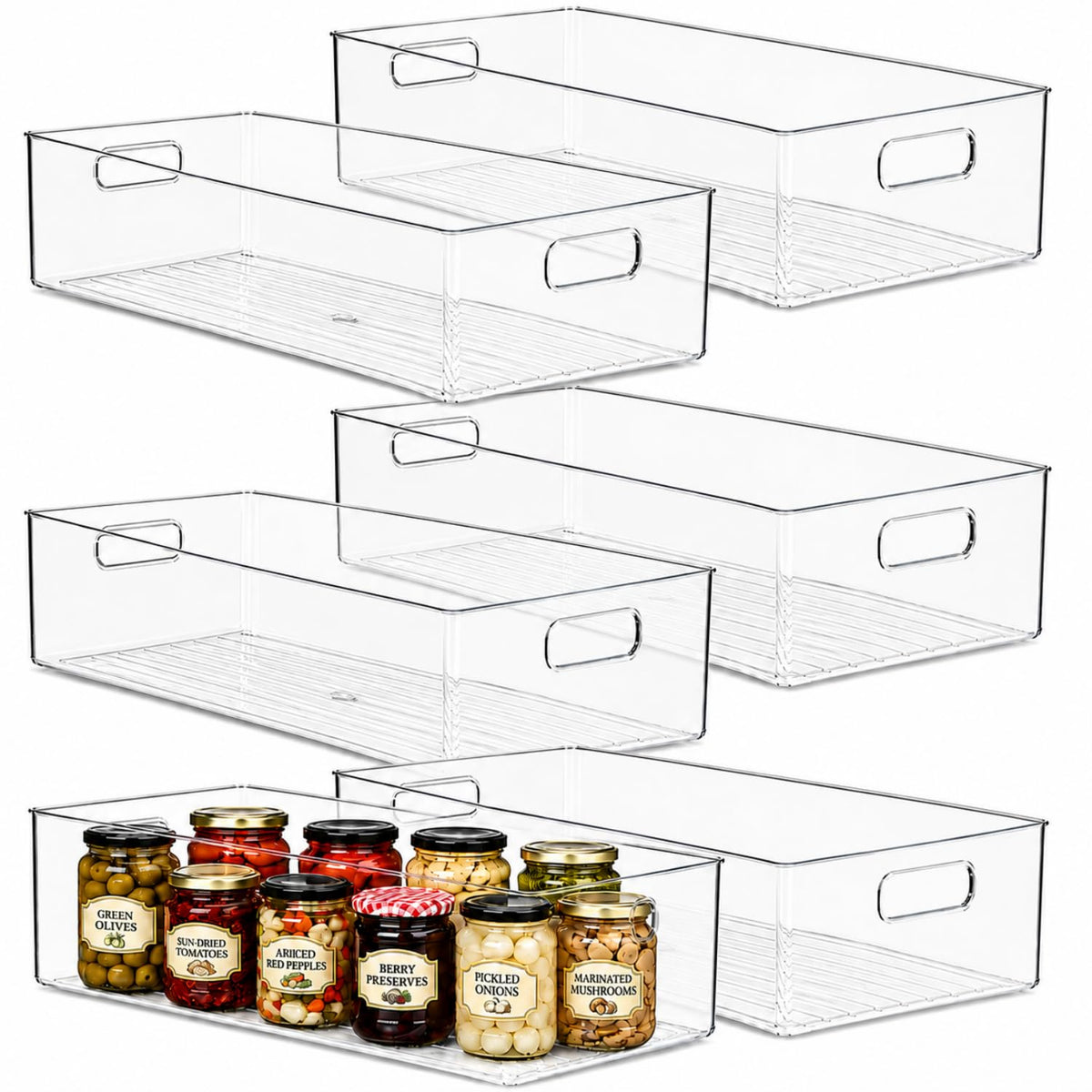 Plastic Food Storage 2 Pack Clear Container Bin with Handles for Organizing Kitchen, Pantry, Fridge, Freezer, Pantry, Bathroom. 14"x6"5"
