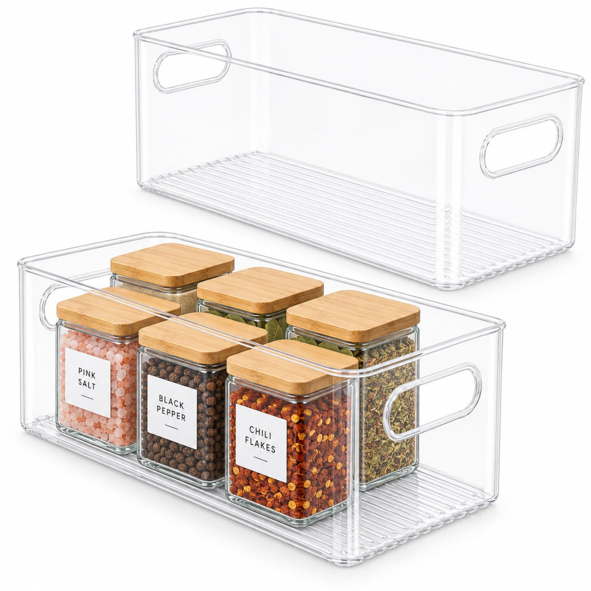 Plastic Food Storage 2 Pack Clear Container Bin with Handles for Organizing Kitchen, Pantry, Fridge, Freezer, Pantry, Bathroom. 14"x6"5"