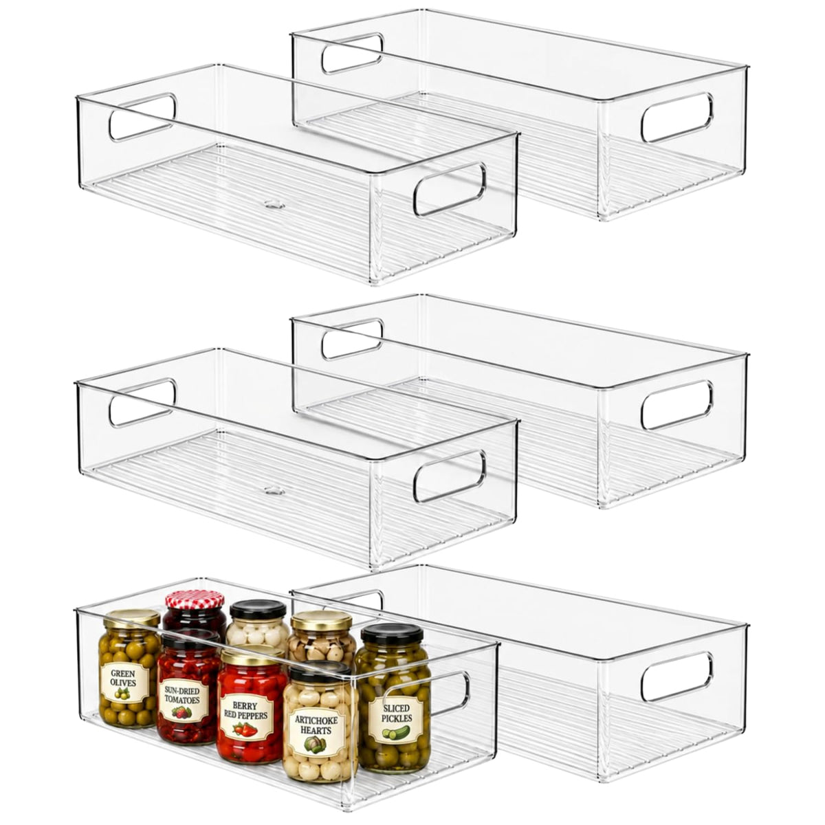 Plastic Food Storage 2 Pack Clear Container Bin with Handles for Organizing Kitchen, Pantry, Fridge, Freezer, Pantry, Bathroom. 14"x6"5"