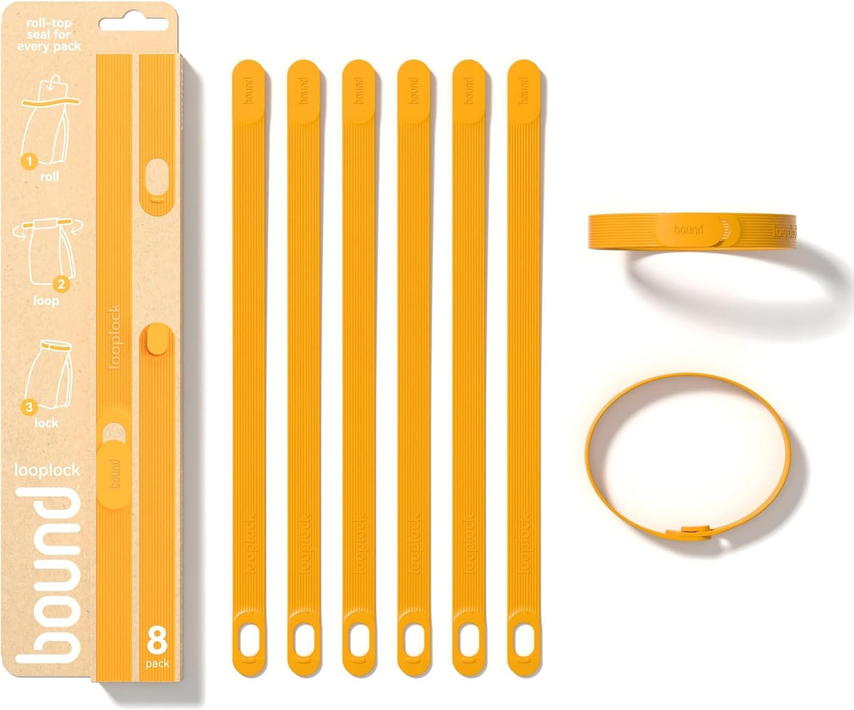 Bound Looplock Reusable Bag Sealer, Roll Top Food Storage Seal, 8 Pack, Mango