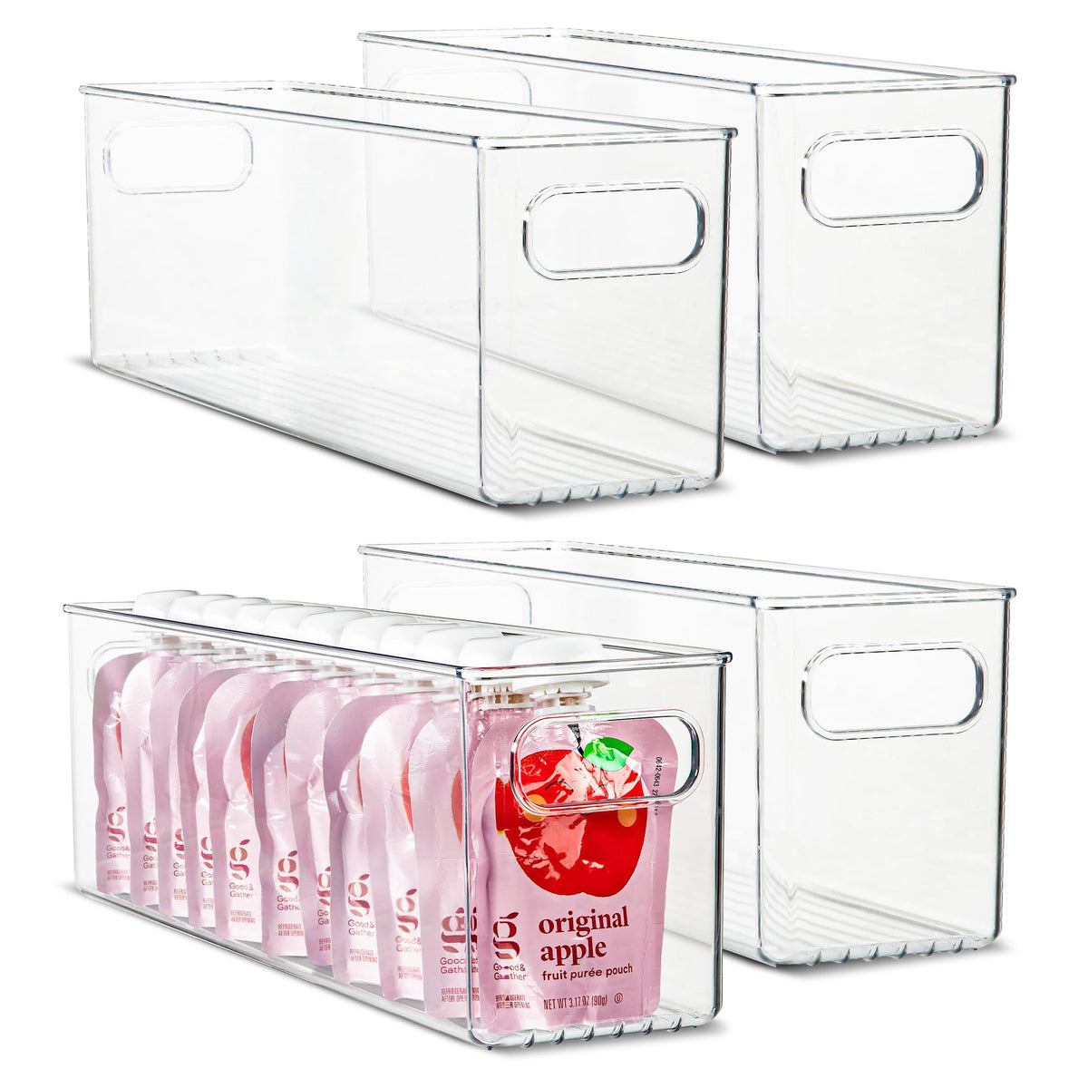 Plastic Food Storage 2 Pack Clear Container Bin with Handles for Organizing Kitchen, Pantry, Fridge, Freezer, Pantry, Bathroom. 14"x6"5"