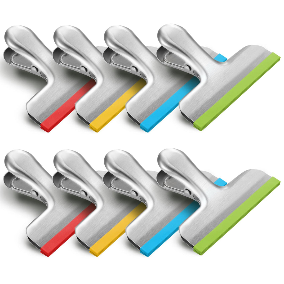 HOUSE AGAIN 8 Pack Stainless Steel Chip Bag Clips Covered with Silicone - NO More Sharp Edges - Color Coded for Food Bags - Air Tight Seal, Heavy Duty for Kitchen and Office, 3 Inches