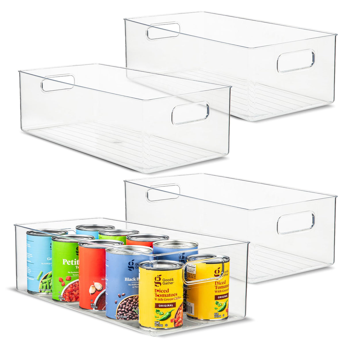Plastic Food Storage 2 Pack Clear Container Bin with Handles for Organizing Kitchen, Pantry, Fridge, Freezer, Pantry, Bathroom. 14"x6"5"