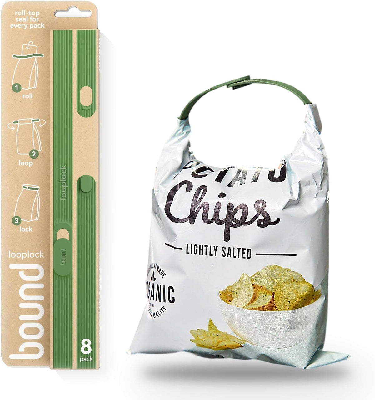 Bound Looplock Reusable Bag Sealer, Roll Top Food Storage Seal, 8 Pack, Kiwi