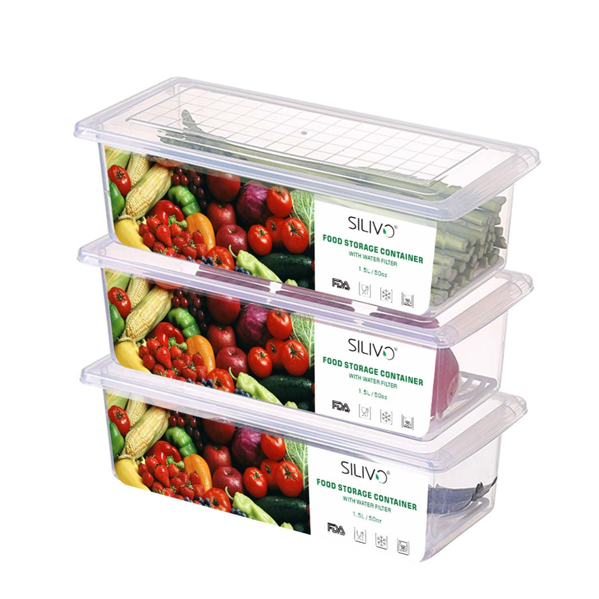 6 Pack 1.5L Fruit Storage Containers for Fridge with Removable Drain Tray