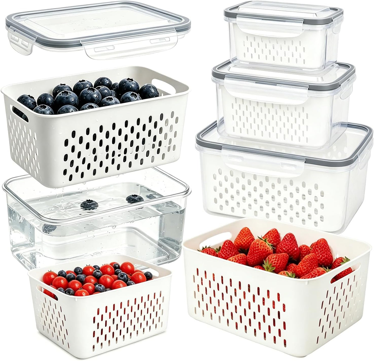 3 Pack Fruit Storage Containers for Fridge with Removable Colander, Grey