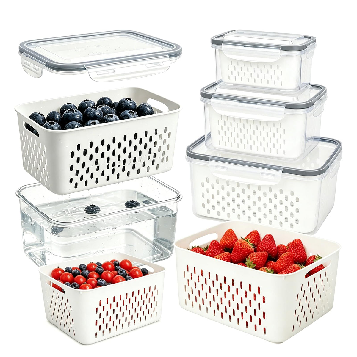 3 Pack Fruit Storage Containers for Fridge with Removable Colander, Grey