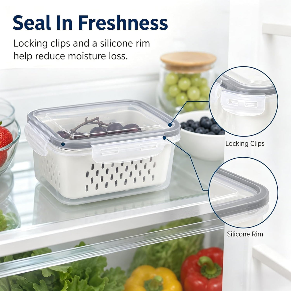 3 Pack Fruit Storage Containers for Fridge with Removable Colander, Grey
