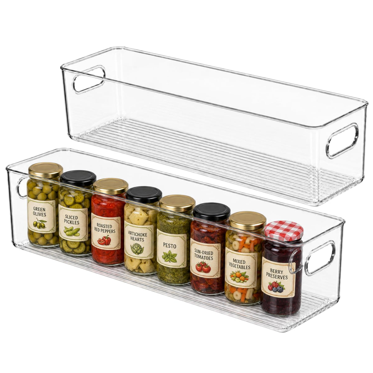 Plastic Food Storage 2 Pack Clear Container Bin with Handles for Organizing Kitchen, Pantry, Fridge, Freezer, Pantry, Bathroom. 14"x6"5"