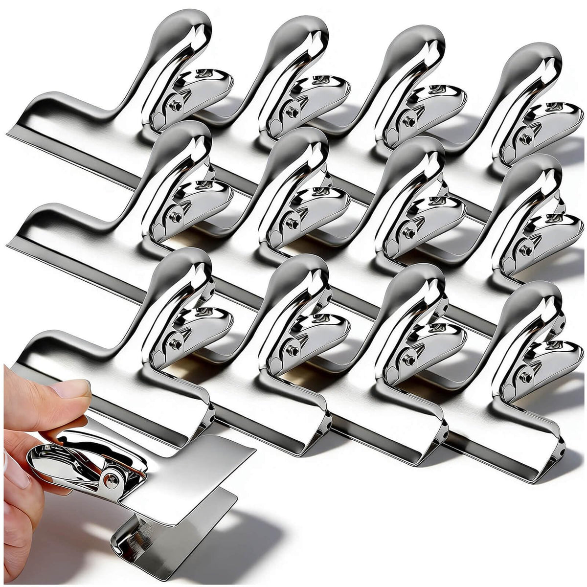 Chip Bag Clips, 12Pcs Sliver Stainless Steel Chip Clips for Food Packages, Metal Kitchen Clip for Snack Bags, Food Storage and Office Home Kitchen