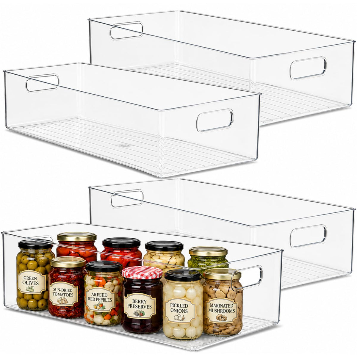 Plastic Food Storage 2 Pack Clear Container Bin with Handles for Organizing Kitchen, Pantry, Fridge, Freezer, Pantry, Bathroom. 14"x6"5"