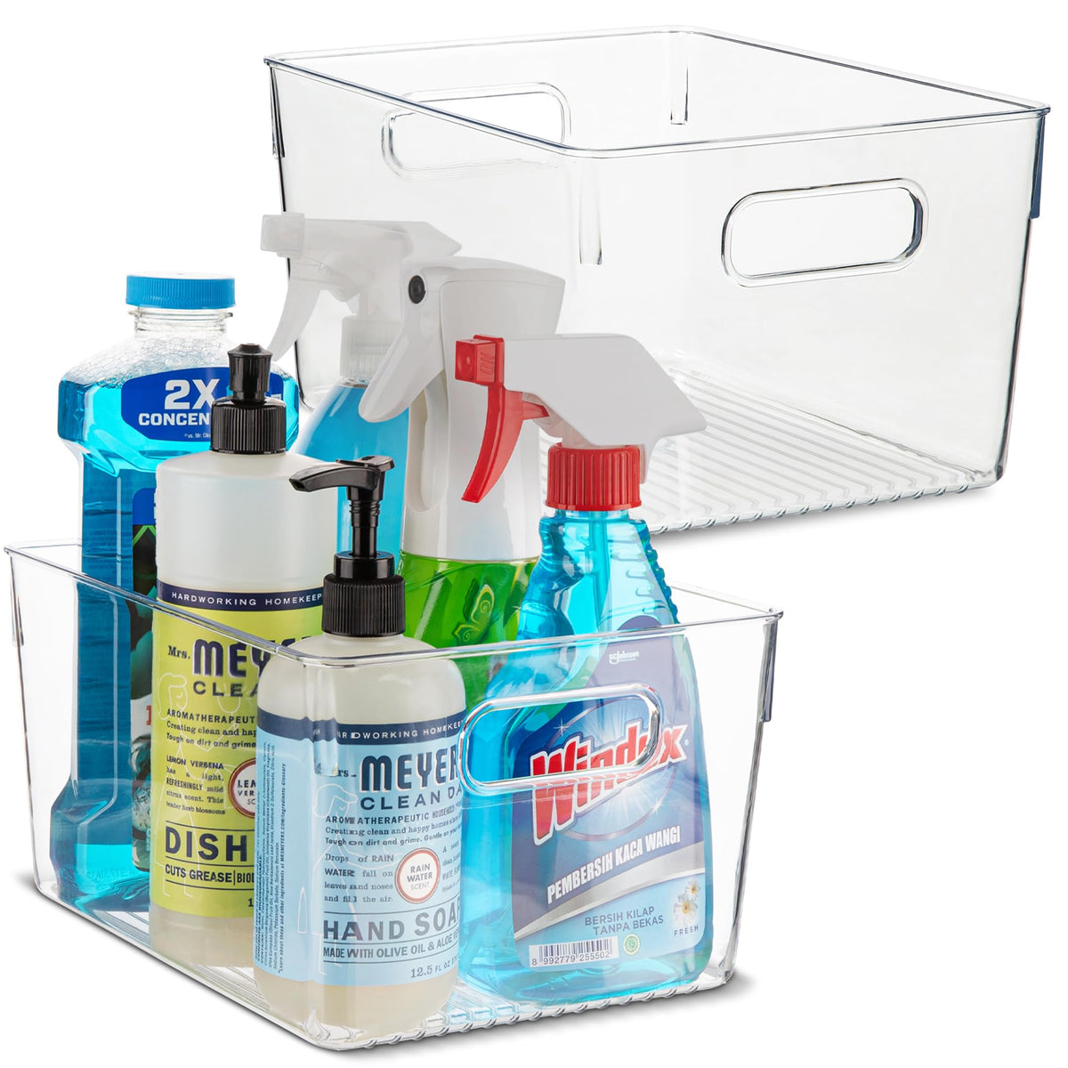 Plastic Food Storage 2 Pack Clear Container Bin with Handles for Organizing Kitchen, Pantry, Fridge, Freezer, Pantry, Bathroom. 14"x6"5"