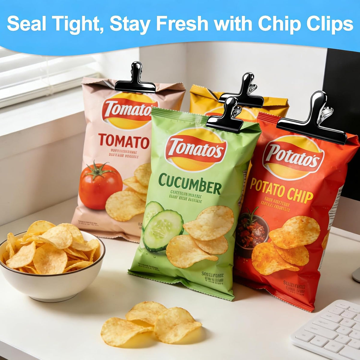 Bag Clips, 8 Pack Chip Clips Heavy Duty Snack Bread Coffee Clip, Air Tight Seal Food Clip Large Clamp Office Paper Clamps for Food Packages, Kitchen, Office, Home, Fridge Black