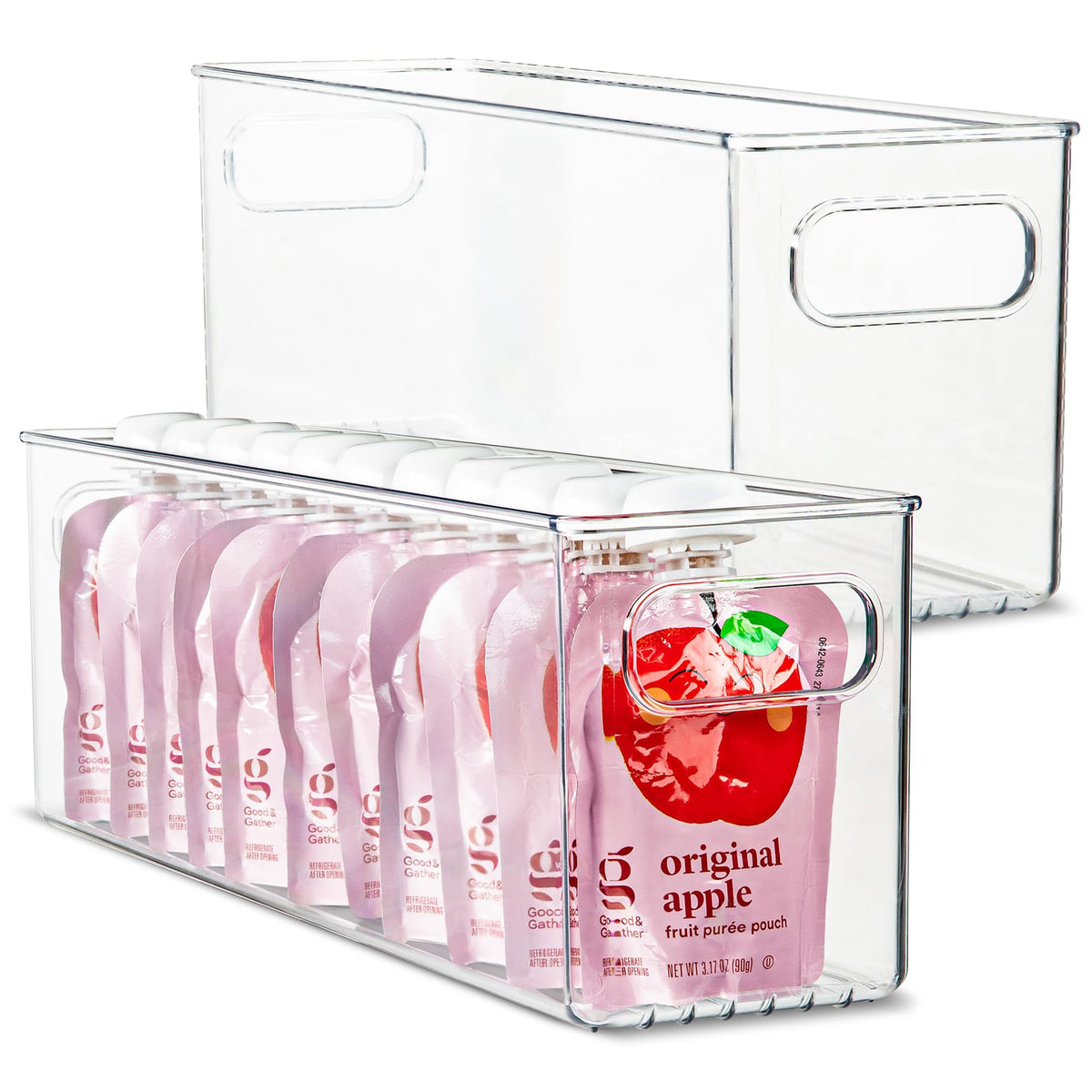 Plastic Food Storage 2 Pack Clear Container Bin with Handles for Organizing Kitchen, Pantry, Fridge, Freezer, Pantry, Bathroom. 14"x6"5"