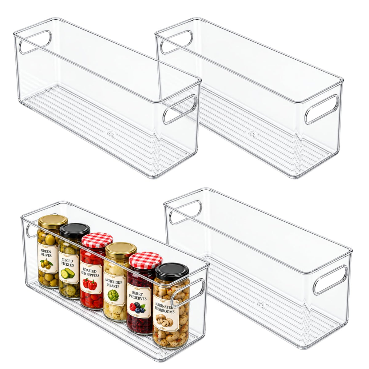 Plastic Food Storage 2 Pack Clear Container Bin with Handles for Organizing Kitchen, Pantry, Fridge, Freezer, Pantry, Bathroom. 14"x6"5"