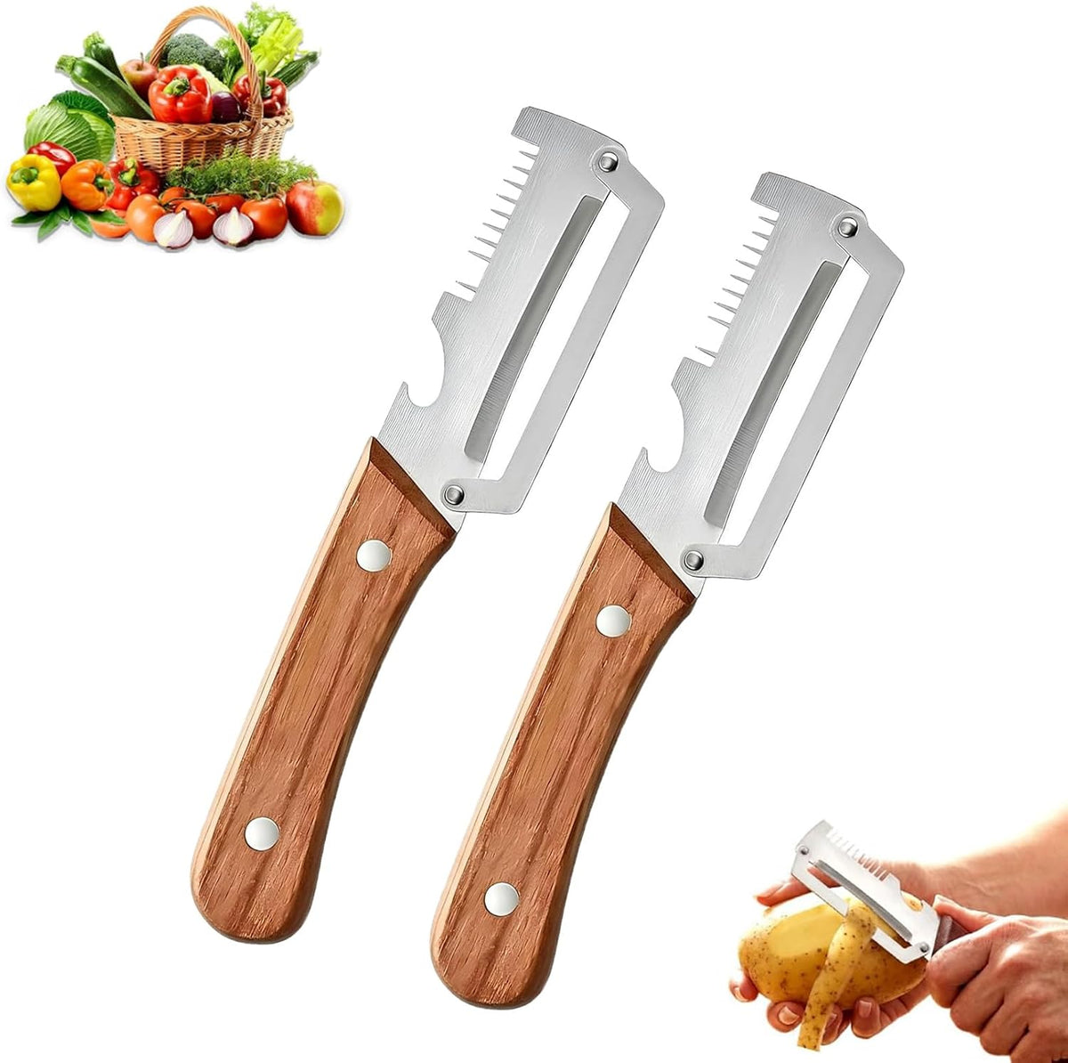 Multi-Functional Vegetable Peeler, 3 in 1 Multi Functional Wooden Handle Peeler and Bottle Opener,Kitchen Gadgets Tool,Grater & Bottle Opener for Potato, Carrot, Apple, Fruit & Vegetable (2pcs)