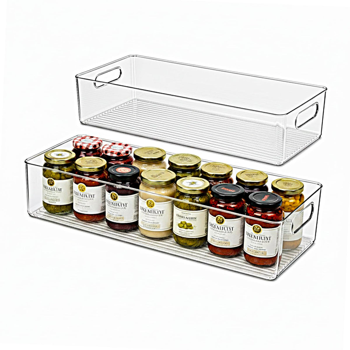 Plastic Food Storage 2 Pack Clear Container Bin with Handles for Organizing Kitchen, Pantry, Fridge, Freezer, Pantry, Bathroom. 14"x6"5"