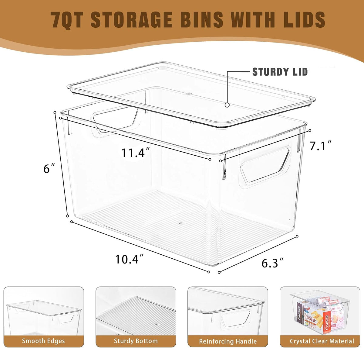Freebat 6 Pack Clear Storage Bins with Lids, 7 Quart Pantry Organizer Bins