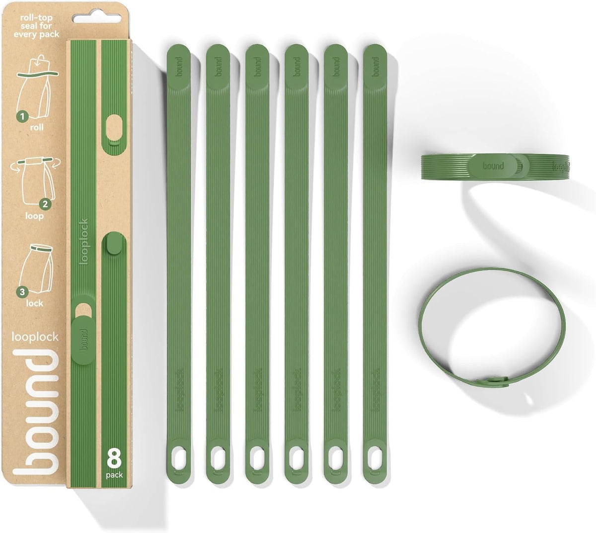 Bound Looplock Reusable Bag Sealer, Roll Top Food Storage Seal, 8 Pack, Kiwi
