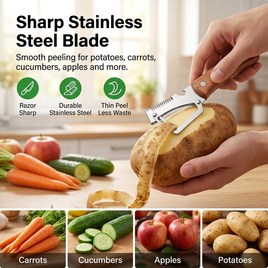 elite peeler and shredder, 2PCS Vegetable Peeler, 1.8mm Steel Blade, Wood Handle