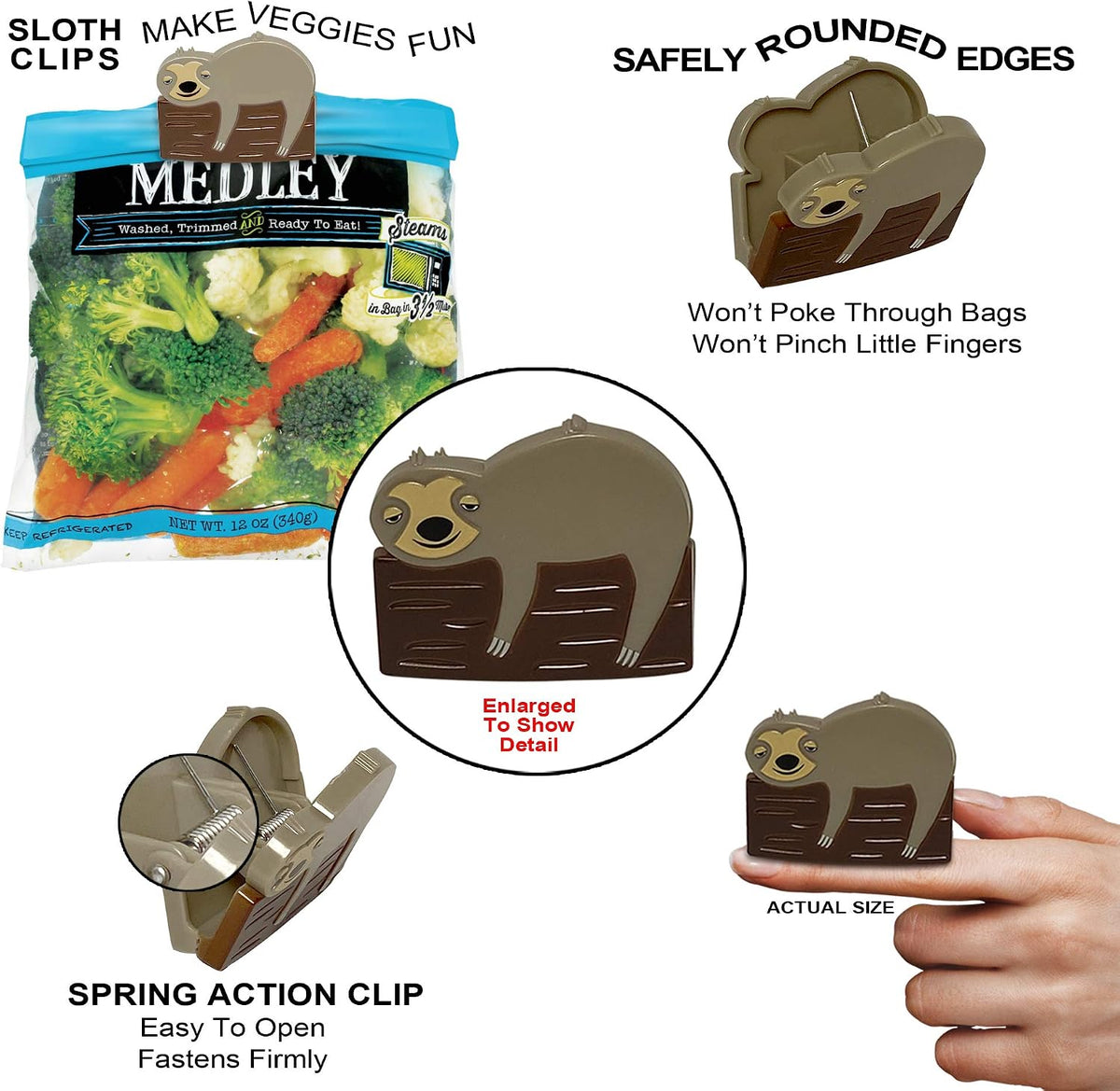 Sloth Bag Clips, 6 Woodland Sloth Chip Clip Set, Tight Food Saver, Snack Bag Sealer, Chip Clips Bag Clips Food Clips, Air Tight, Cute Sloth Party Supplies, Fun Sloth Stuff, Bag Clips for Food Storage