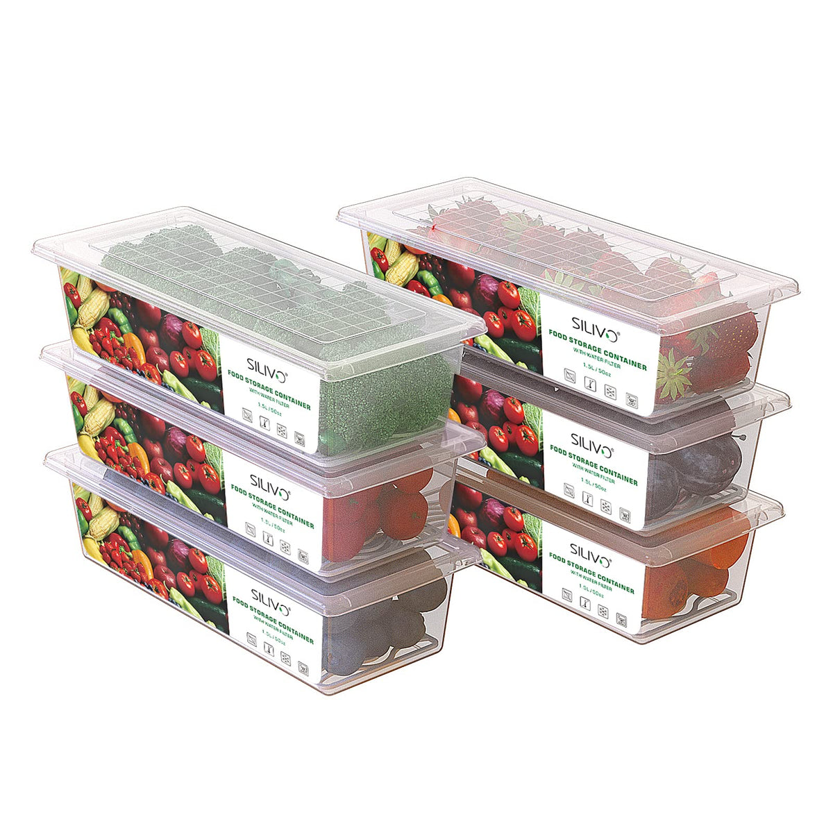 6 Pack 1.5L Fruit Storage Containers for Fridge with Removable Drain Tray