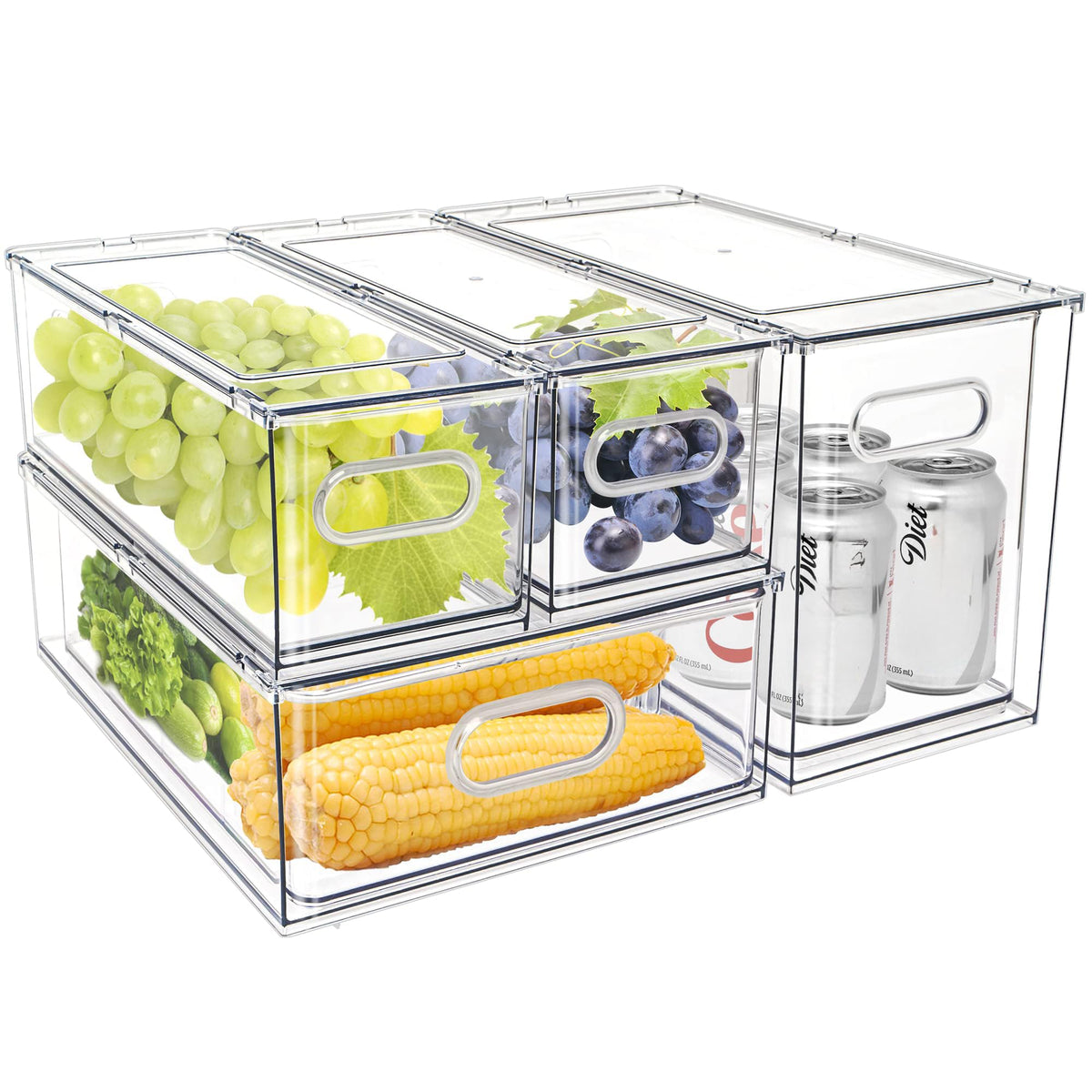 Mano Fridge Drawer Pull Out Stackable Bins with Handle Clear Refrigerator Drawers Organizer Food Storage Container Box Plastic Produce Saver for Pantry, Cabinet, Kitchen, Clothes(4Pack)