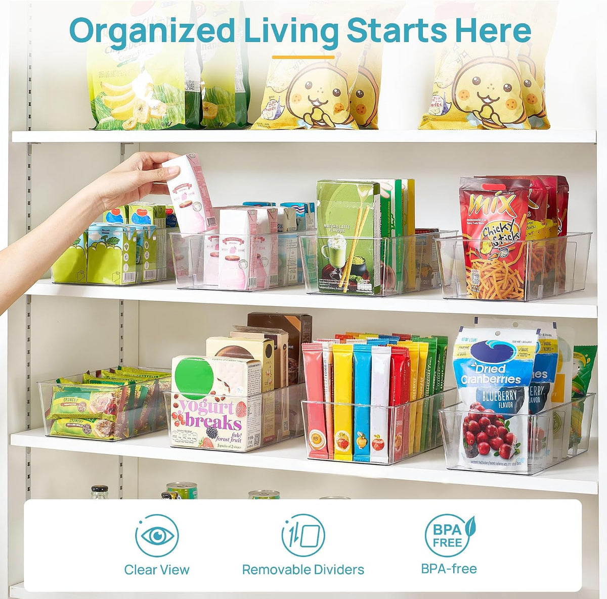 Vtopmart 8 Pack Food Storage Organizer Bins, Clear Plastic, 4 Compartments