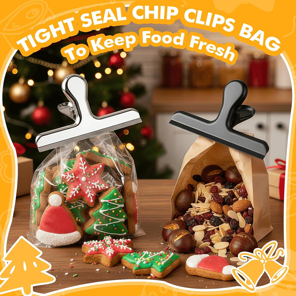Chip Bag Clips, 12Pcs Sliver Stainless Steel Chip Clips for Food Packages, Metal Kitchen Clip for Snack Bags, Food Storage and Office Home Kitchen