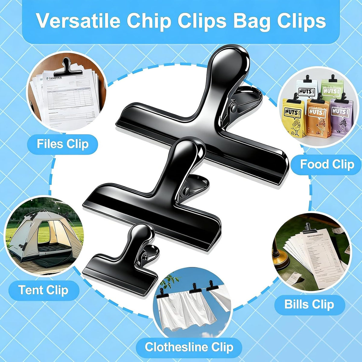 Bag Clips, 8 Pack Chip Clips Heavy Duty Snack Bread Coffee Clip, Air Tight Seal Food Clip Large Clamp Office Paper Clamps for Food Packages, Kitchen, Office, Home, Fridge Black