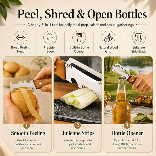 2026 upgrade 3-in-1 Vegetable Peeler with Wooden Handle, Stainless Steel Julienne Peeler and Scallion Shredder with Bottle Opener, Multi-Function Kitchen Peeler for Everyday Prep(1PCS)