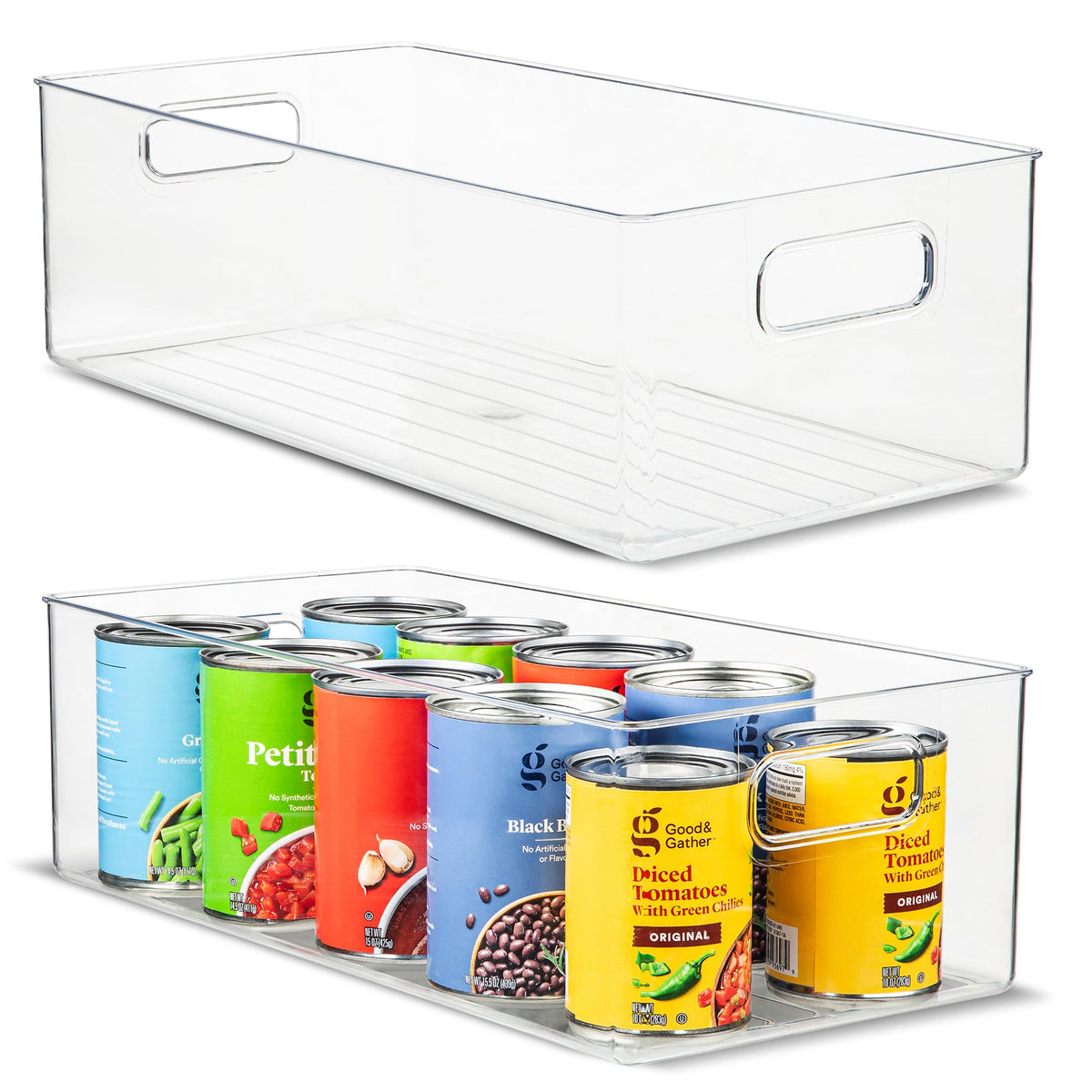 Plastic Food Storage 2 Pack Clear Container Bin with Handles for Organizing Kitchen, Pantry, Fridge, Freezer, Pantry, Bathroom. 14"x6"5"