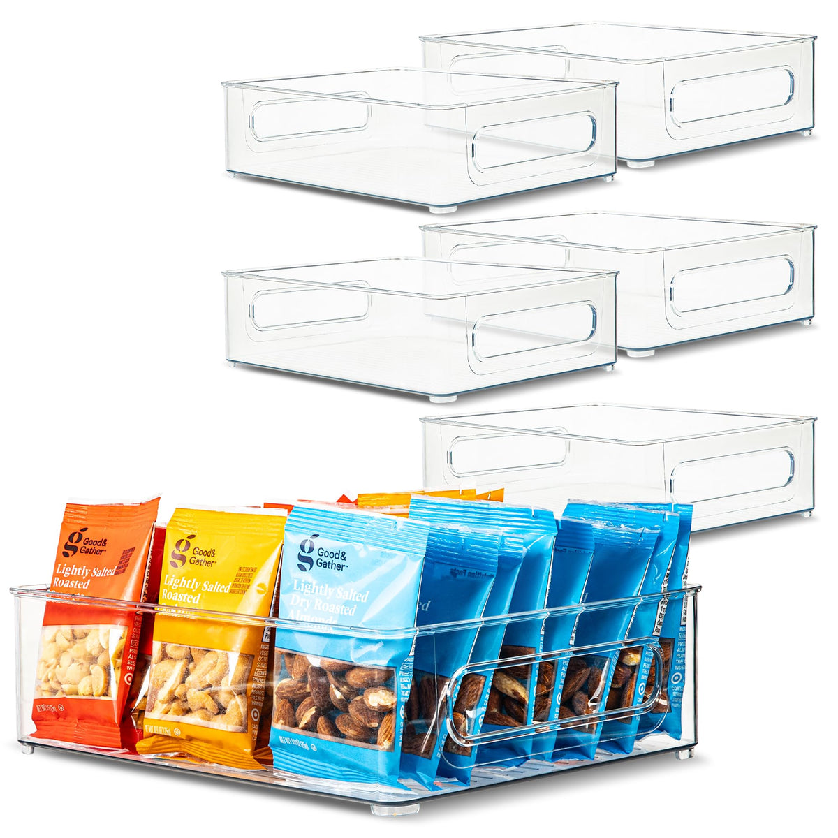 Plastic Food Storage 2 Pack Clear Container Bin with Handles for Organizing Kitchen, Pantry, Fridge, Freezer, Pantry, Bathroom. 14"x6"5"