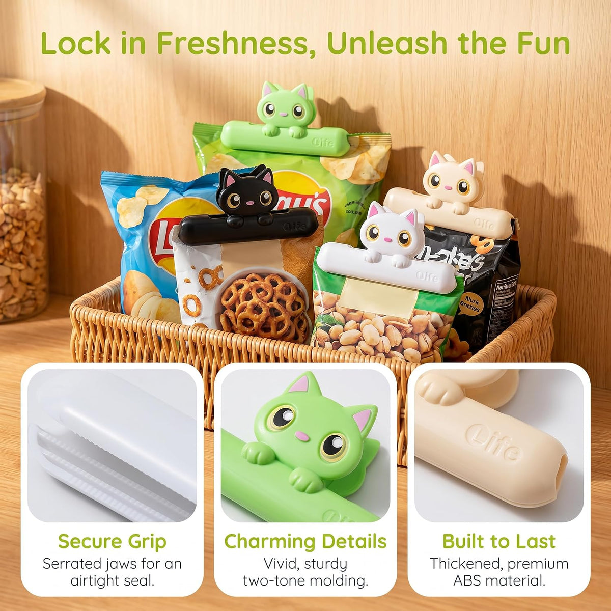 Cute Chip Clips, Set of 4 Sealing Cat Bag Clips for Food