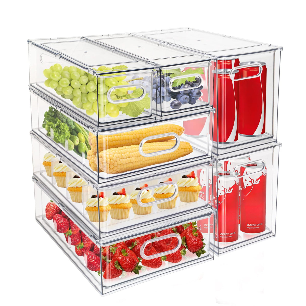 Mano Fridge Drawer Pull Out Stackable Bins with Handle Clear Refrigerator Drawers Organizer Food Storage Container Box Plastic Produce Saver for Pantry, Cabinet, Kitchen, Clothes(4Pack)